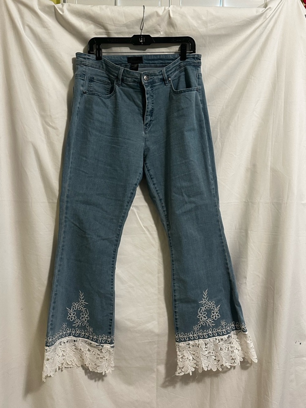 Embroidered Blue Flare Jeans with White Lace Trim